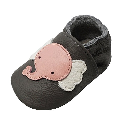 YALION Baby Weiche Leder Lauflernschuhe Krabbelschuhe Hausschuhe Lederpuschen Elefant Dunkelgrau (EU 20/21=M, Dunkelgrau) von YALION
