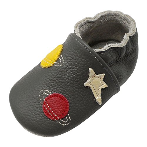 YALION Baby Weiche Leder Lauflernschuhe Krabbelschuhe Hausschuhe Lederpuschen Sterne Planeten (18/19=S, Dunkelgrau) von YALION