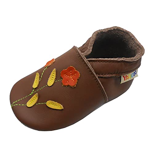 YALION Baby Weiches Leder Lauflernschuhe Kleinkinder Krabbelschuhe Hausschuhe Lederpuschen Babyschuhen mit Wildledersohlen Mehrfarbig (Dunkelbraune Blume, Numeric_18) von YALION