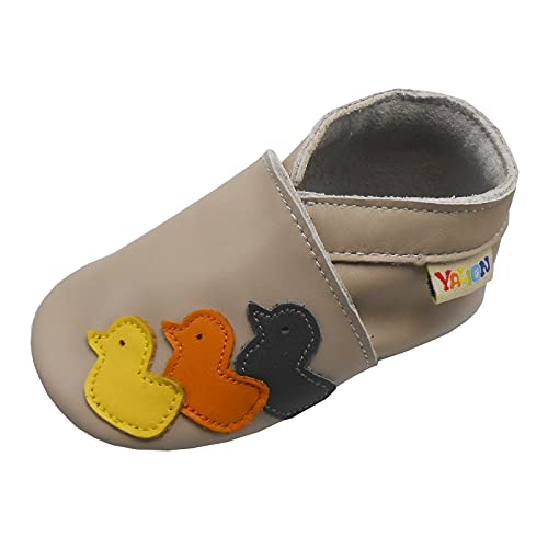 YALION Baby Weiches Leder Lauflernschuhe Kleinkinder Krabbelschuhe Hausschuhe Lederpuschen Babyschuhen mit Wildledersohlen Mehrfarbig (Khaki Hühnchen, Numeric_18) von YALION