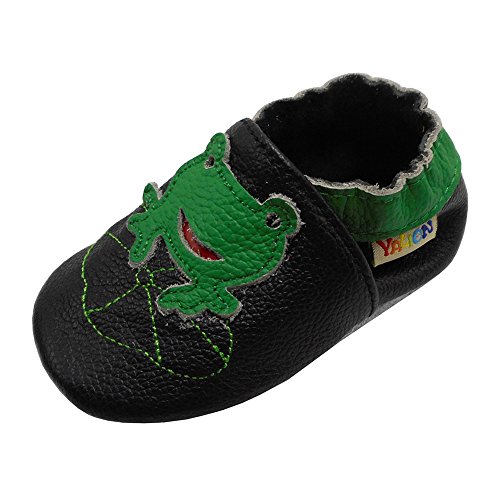 YALION Baby Weiches Leder Lauflernschuhe Kleinkinder Krabbelschuhe Hausschuhe Lederpuschen Babyschuhen mit Wildledersohlen Mehrfarbig (Schwarz, Frosch, Numeric_20) von YALION