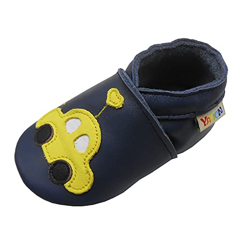 YALION Baby Weiches Leder Lauflernschuhe Kleinkinder Krabbelschuhe Hausschuhe Lederpuschen Babyschuhen mit Wildledersohlen Mehrfarbig (marineblaues Auto, Numeric_18) von YALION