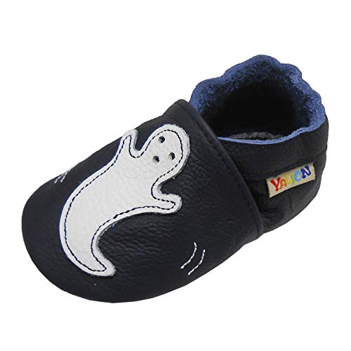 YALION Krabbelschuh Babyschuh Lauflernschuh Jungen Mädchen Baby Weicher Flexibles Leder mit Mokassins Wildledersohlen Elastische Knöchel Lederpuschen(Schwarz Weiß,12-18 Monate,L,22-23 EU) von YALION