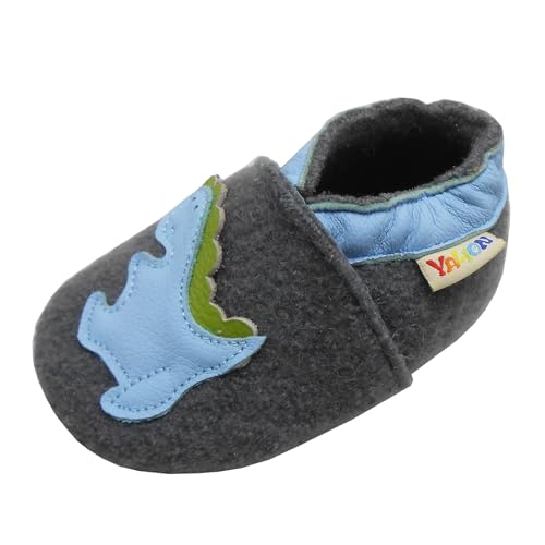 YALION Krabbelschuhe Baby Lauflernschuhe Mädchen Jungen- Wolle Warme Anti-Rutsch Sohle Hausschuhe Babyschuhe(22/23EU, Gray Dinosaurier) von YALION