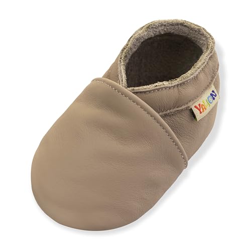 YALION Krabbelschuhe Baby Lederpuschen Baby Lauflernschuhe für Mädchen Junge（20/21 EU, Beige+Grey） von YALION