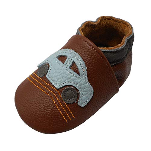 YALION Premium Weich Leder Babyschuhe Krabbelschuhe Lauflernschuhe Hausschuhe mit Auto Braun, EU 20/21=M von YALION