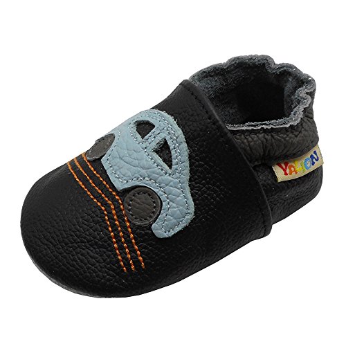 YALION Premium Weich Leder Babyschuhe Krabbelschuhe Lauflernschuhe Hausschuhe mit Auto Schwarz, EU 22/23=L von YALION