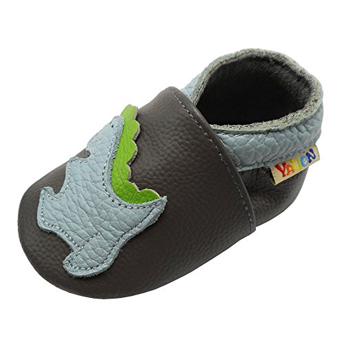 YALION Premium Weich Leder Babyschuhe Krabbelschuhe Lauflernschuhe Hausschuhe mit Dinosaurier Dunkelgrau, EU 22/23=L von YALION