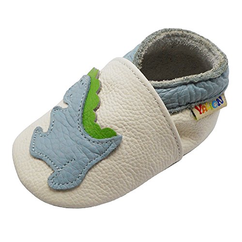 YALION Premium Weich Leder Babyschuhe Krabbelschuhe Lauflernschuhe Hausschuhe mit Dinosaurier Weiß, EU 20/21=M von YALION