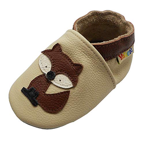 YALION Premium Weich Leder Babyschuhe Krabbelschuhe Lauflernschuhe Hausschuhe mit Fuchs Beige, EU 22/23=L von YALION