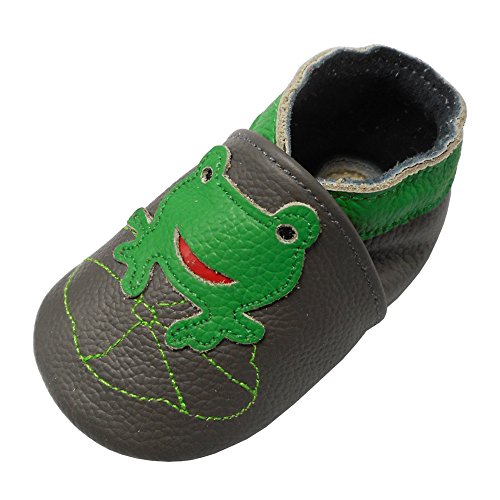 YALION Weicher Leder Lauflernschuhe Krabbelschuhe Babyhausschuhe mit Wildledersohlen und Frosch - Dunkelgrau,22/23=L von YALION