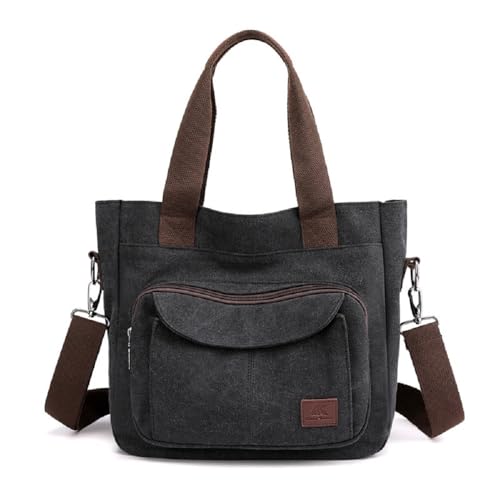 YALIZHNA Damen Tote Purse Canvas Schultertasche Multi-Pockets Handtasche Top Handle Arbeitstaschen (Schwarz) von YALIZHNA