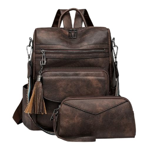 YALIZHNA Rucksack Damen Für Leder Reiserucksack Mit Geldbörse,Wasserdicht Anti-Diebstahl Rucksackhandtaschen Frauen Schultertaschen (Kaffee) von YALIZHNA