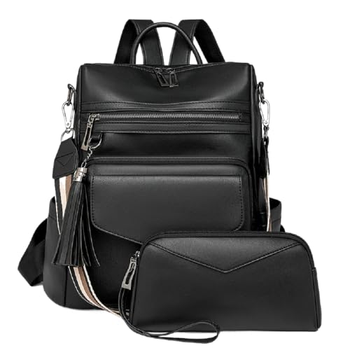 YALIZHNA Rucksack Damen Für Leder Reiserucksack Mit Geldbörse,Wasserdicht Anti-Diebstahl Rucksackhandtaschen Frauen Schultertaschen (Schwarz) von YALIZHNA