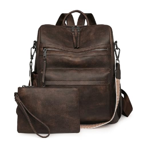 YALIZHNA Rucksack Damen Für Leder Rucksack Set Mit Geldbörse,Modern Anti-Diebstahl Rucksackhandtaschen Frauen Schultertaschen (Kaffee) von YALIZHNA