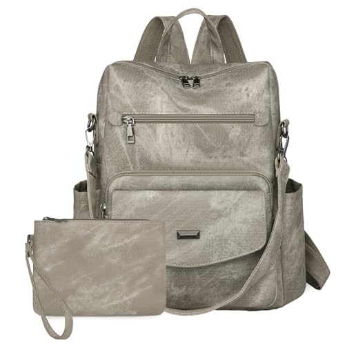 YALIZHNA Rucksack Damen PU Leder Schultertasche,Casual Rucksack Mode Anti-Diebstahl Große Reiserucksack Frauen Rucksackhandtaschen (Grau) von YALIZHNA