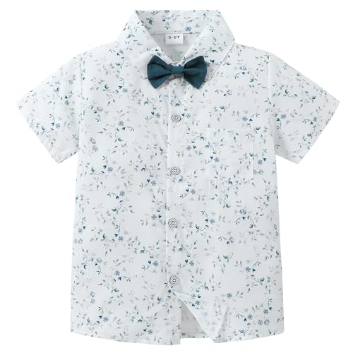 YALLET Jungen Button-Down-Shirt, kurzärmelig, Hochzeits-Outfits, gepunktet, Sommer, Freizeitkleidung mit Fliege, 5–10 Jahre, Blau (Blue Print), 7-8 Jahre von YALLET
