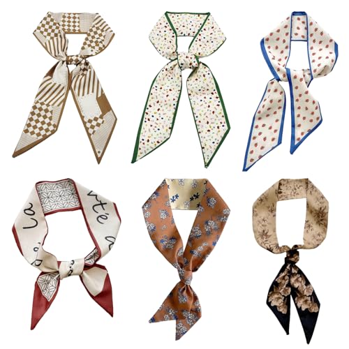 YALiya 6 Stück Seidenschal Seidentuch, 92 × 6 cm, Farbigen Schals für Damen, Seidentücher Dünne Lange Hals, Mode Handtaschenschal, Seidenimitat in Verschiedenen Designs, Vielseitig Kombinierbar von YALiya