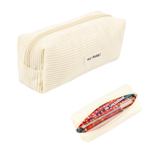 YALiya Mäppchen Cord-Stoff, Federmäppchen Tragbare, Aufbewahrungstasche Federmäppchen mit Großem, Fassungsvermögen Pencil Case mit praktischem Reißverschluss,für Schule,Zuhause und Büro(Milchweiß) von YALiya