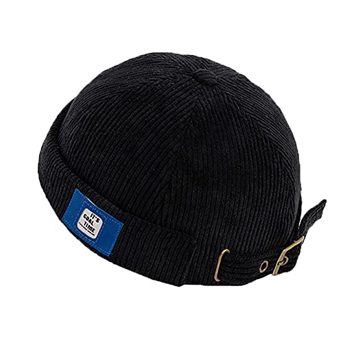 Herren Mützen Docker Cap Mützen Skullcap Beanie Worker Sailor Cap Krempenlose Kappe Rollbund Retro Mode Krempenlose Mütze mit Verstellbar, DZM92-Black, One size von YAMEE