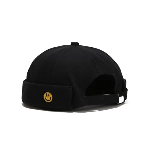 Unisex Docker Cap Mützen Skullcap Beanie Worker Sailor Cap Krempenlose Kappe Retro Gerollte Manschette Skull Caps mit Verstellbar, Smiley-Schwarz, One size von YAMEE