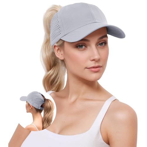 YAMEE Damen Baseballkappe Sommer, Mesh Atmungsaktive Pferdeschwanz Baseball Cap, Wasserdicht Schnelltrocknend, Hellgrau von YAMEE
