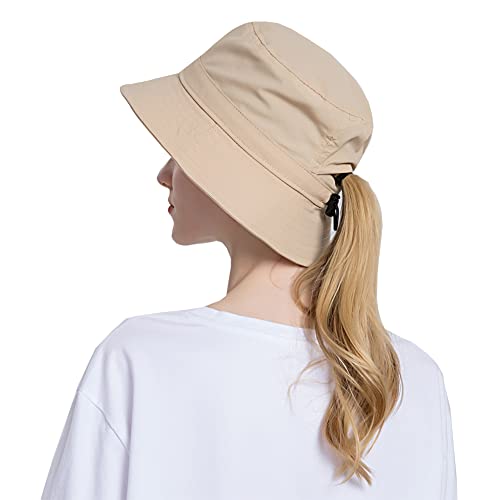 YAMEE Fischerhut mit Pferdeschwanzloch für Damen Herren Wasserdichter Sonnenhut Schnell Trocknend Faltbare Fischermütze, beige, One size von YAMEE