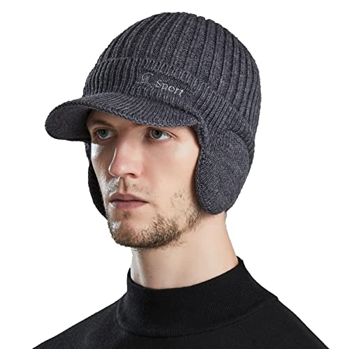 YAMEE Herren Wintermütze Strickcap Wintercap Damen Strickmütze Beanie mit Schirm Kappe,Schirmmütze mit Ohrenklappen Herren Ohrenschutz von YAMEE