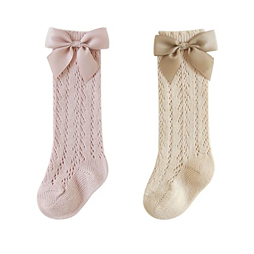 YAMEE Kniestrümpfe Sommer Mädchen Bogen 2 Paar,Kindersocken Knielang,Lange Socken Sommersocken mit Süße Schleifen für Baby Kinder 0-5 Jahren von YAMEE