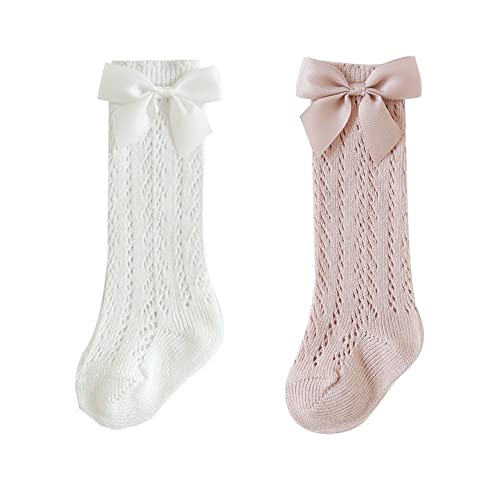 YAMEE Kniestrümpfe Sommer Mädchen Bogen 2 Paar,Kindersocken Knielang,Lange Socken Sommersocken mit Süße Schleifen für Baby Kinder 0-5 Jahren von YAMEE