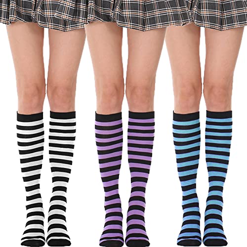 YAMEE Kniestrümpfe damen Socken Streifen, Strümpfe damen,Gestreifte Socken College Socken Strümpfe Kniestrumpf für Damen (3 Paare) von YAMEE