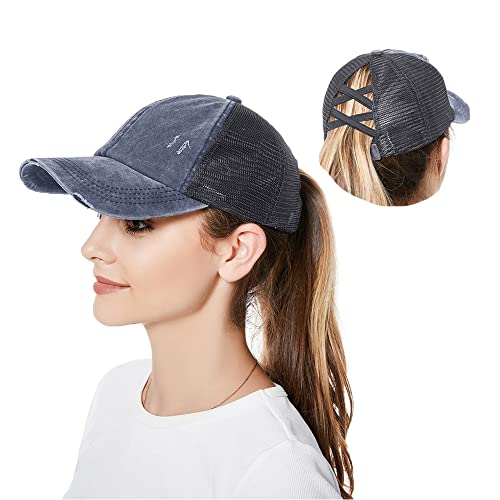 YAMEE Pferdeschwanz Baseball Kappe für Frauen Mesh Schnell Trocken Einfarbig Baseball Hut mit Pferdeschwanz Loch Criss Cross Sommer Sport Hut, Verstellbar, dunkelblau, One size von YAMEE