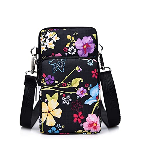 YAMEIZE Handy Umhängetasche Damen Kleine Geldbörse-Handytasche Kartenfächer Brieftasche Schultertasche Schwarze Blume von YAMEIZE