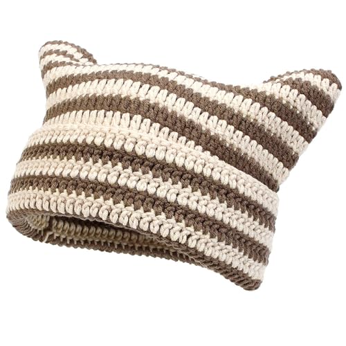 YAMEIZE Cat Ear Striped Knitted Mütze - für Damen Herren Trendy Warm Y2K Weich mit Cat Ear Striped Beanie Soft Strickmützen Winter Cap Girls Outdoor von YAMEIZE