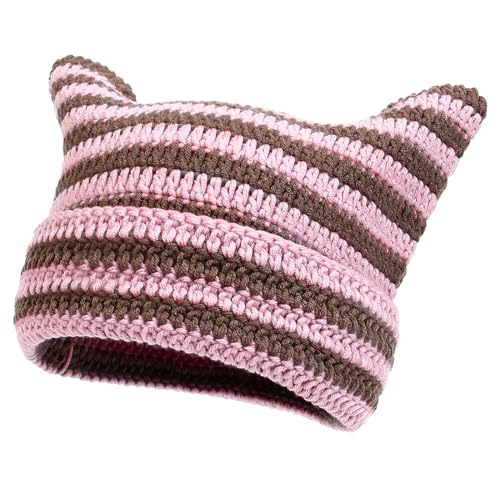 YAMEIZE Cat Ear Striped Knitted Mütze - für Damen Herren Trendy Warm Y2K Weich mit Cat Ear Striped Beanie Soft Strickmützen Winter Cap Girls Outdoor von YAMEIZE