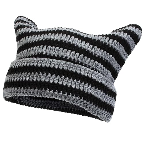 YAMEIZE Cat Ear Striped Knitted Mütze - für Damen Herren Trendy Warm Y2K Weich mit Cat Ear Striped Beanie Soft Strickmützen Winter Cap Girls Outdoor von YAMEIZE