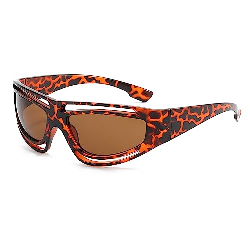 YAMEIZE Futuristisch Sonnenbrillen Fahrradbrille Sportbrille für Damen Herren Y2k Sport UV400 Schutz Schnelle Brille Leopard Braun von YAMEIZE