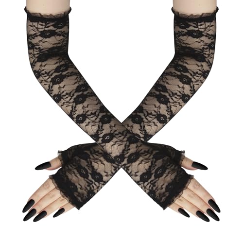 YAMEIZE Lange Spitzen Handschuhe für Damen - Mesh Spitzen Handschuh für Braut für Halloween Teeparty von YAMEIZE