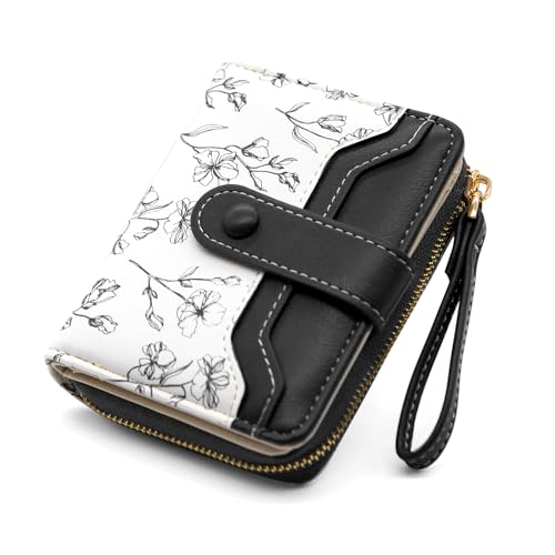 YAMEIZE Leder Geldbeutel Damen Klein Geldbörse Kurzformat Portemonnaie Süße Blume mit Handschlaufe Reißverschluss Geldbörse Schmalem Kartenhalter Münzfach Brieftasche Mädchen von YAMEIZE