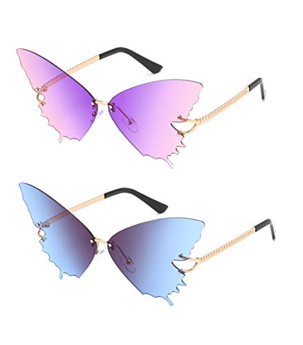 YAMEIZE Mode Schmetterling Randlose Sonnenbrille für Frauen Vintage Metallrahmen Brillen UV-Schutz (Purpur Rosa+Grau Blau) von YAMEIZE