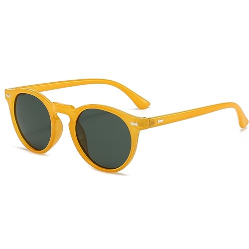 YAMEIZE Polarisiert Sonnenbrille Damen Runde Retro-Klassisch Vintage Kreis mit UV400 Schutz Sonnenbrille für Fahren Laufen Angeln Gelb Grün von YAMEIZE