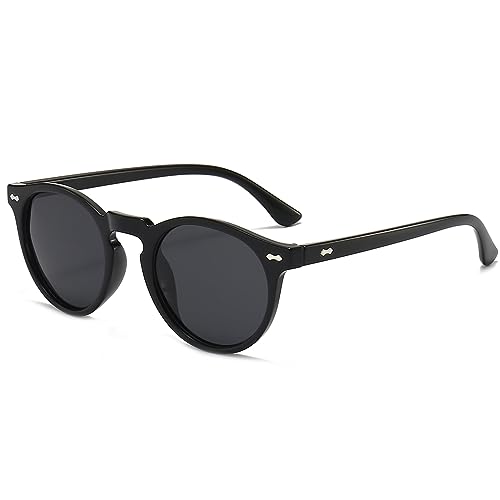 YAMEIZE Polarisiert Sonnenbrille Damen Runde Retro-Klassisch Vintage Kreis mit UV400 Schutz Sonnenbrille für Fahren Laufen Angeln Helles Schwarzes Grau von YAMEIZE