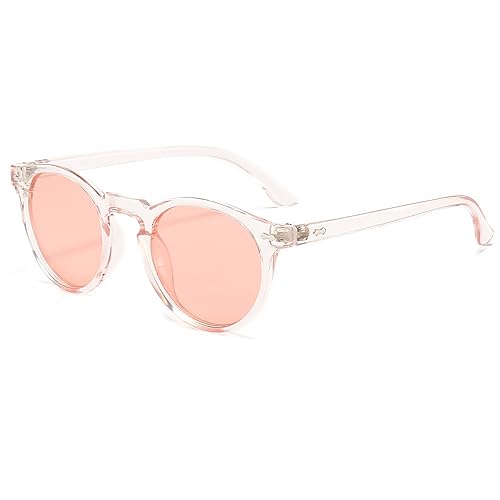 YAMEIZE Polarisiert Sonnenbrille Damen Runde Retro-Klassisch Vintage Kreis mit UV400 Schutz Sonnenbrille für Fahren Laufen Angeln Transparent Rosa von YAMEIZE