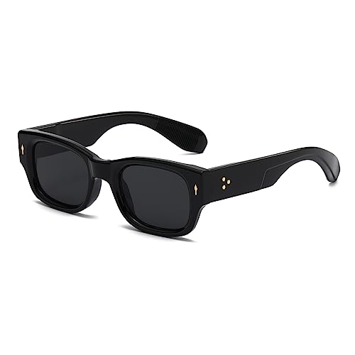 YAMEIZE Vintage Sonnenbrille Rechteckig für Damen Herren Retro Quadratisch Sonnenbrille Trendige Getönte Brille Eckig 90er Jahre UV400 Schutz Schwarz Grau von YAMEIZE