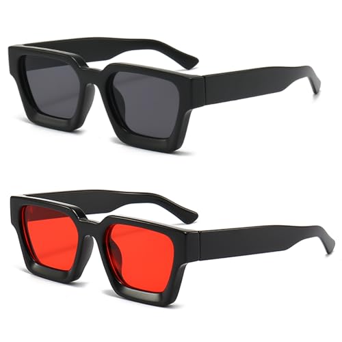 YAMEIZE Rechteckige Vintage Sonnenbrille Damen-Y2k mit UV400 Schutz Trendige Quadratischem Rahmen Schwarz Rot von YAMEIZE