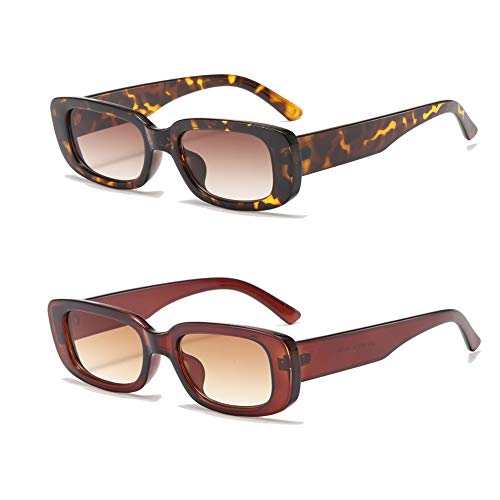 YAMEIZE Rectangle Sunglasses for Women Men 2 Pack 90’s Vintage Driving Square Small Glasses UV400 Protection (Leopard+Brown) von YAMEIZE