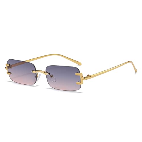 YAMEIZE Retro Kleiner Rahmen Metall Rechteck - Sonnenbrille für Frauen Männer Vintage Randlose Quadrat Kleine Brillen Fahren…, Gold Grau Rosa von YAMEIZE