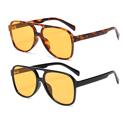 Retro Nachtsicht Rechteckige Sonnenbrille für Damen Herren Quadratische Doppelsteg UV400 Schutzbrille zum Autofahren (Schwarz+Leopard) von YAMEIZE