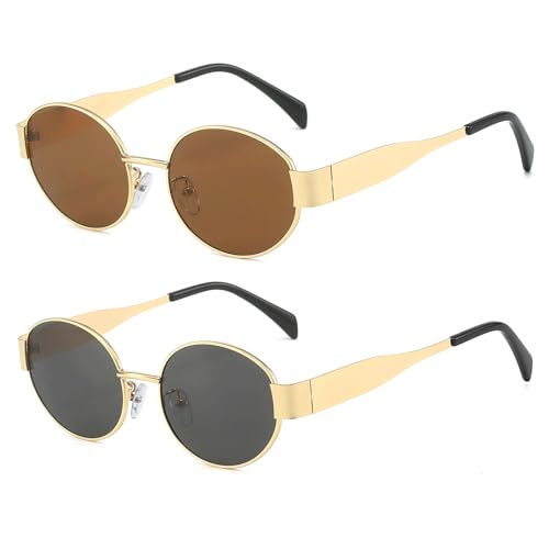 YAMEIZE Retro Oval Metall Rahmen Sonnenbrille - für Damen Herren Klassisch Rund UV400 Schutz Kleine Brillen Travel Fahren Outdoor von YAMEIZE