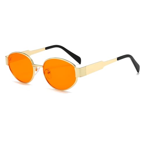 YAMEIZE Retro Ovaler Metallrahmen Sonnenbrille – für Damen und Herren, klassisch, rund, UV400-Schutz, kleine Brillen, Schatten für den Außenbereich, Gold Orange von YAMEIZE